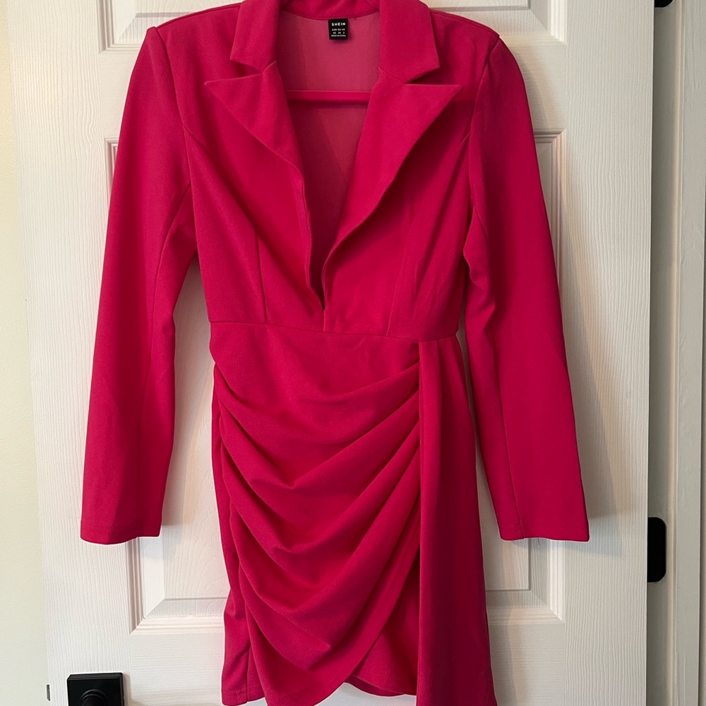 SHEIN Hot Pink Deep V Long Sleeve Dress